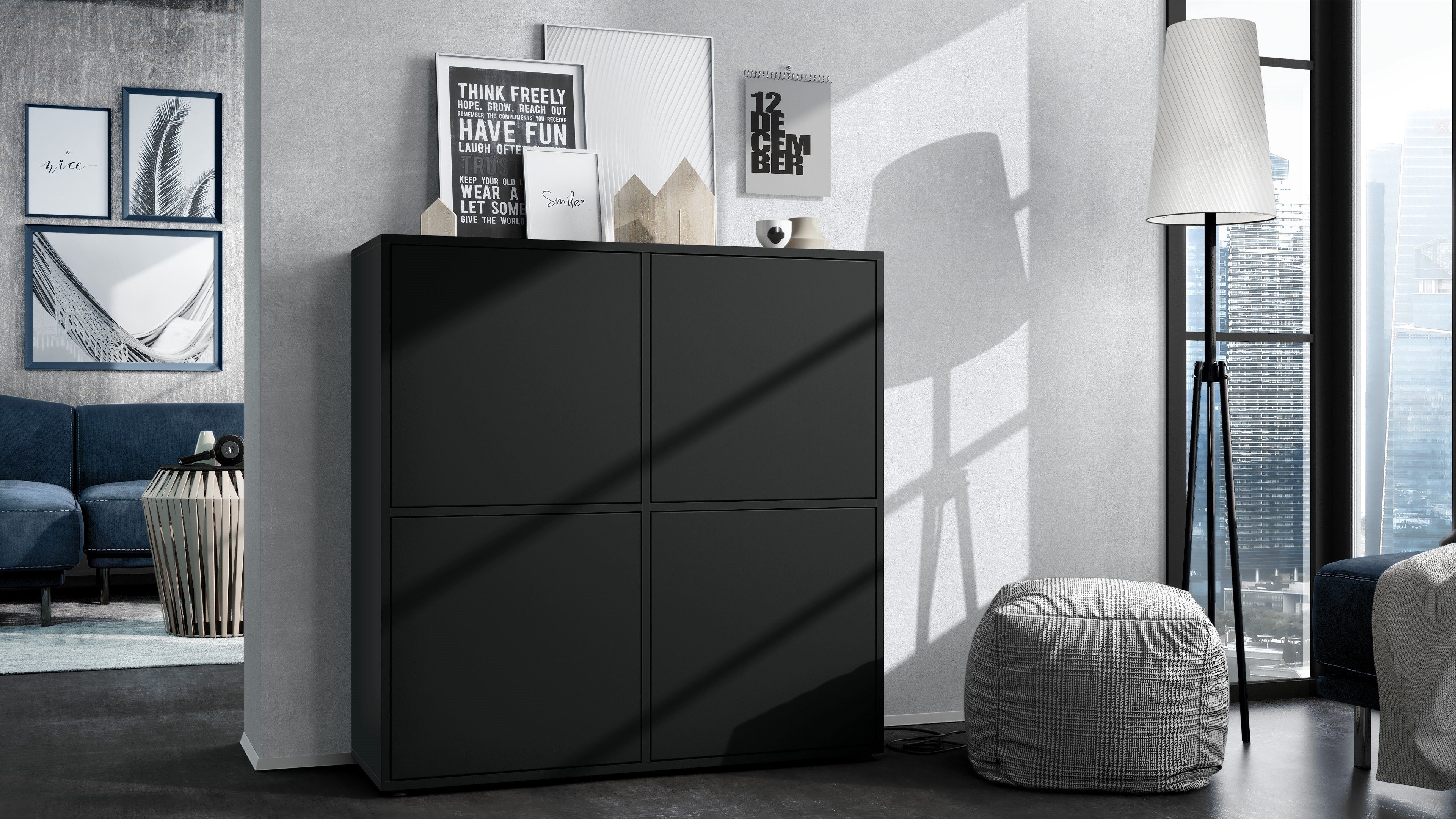 Vladon Highboard Cuba V2 (Schrank, 104 x 105,5 x 35,5 cm Sideboard mit 8 Fächern), Korpus in Schwarz matt / Fronten in Schwarz matt
