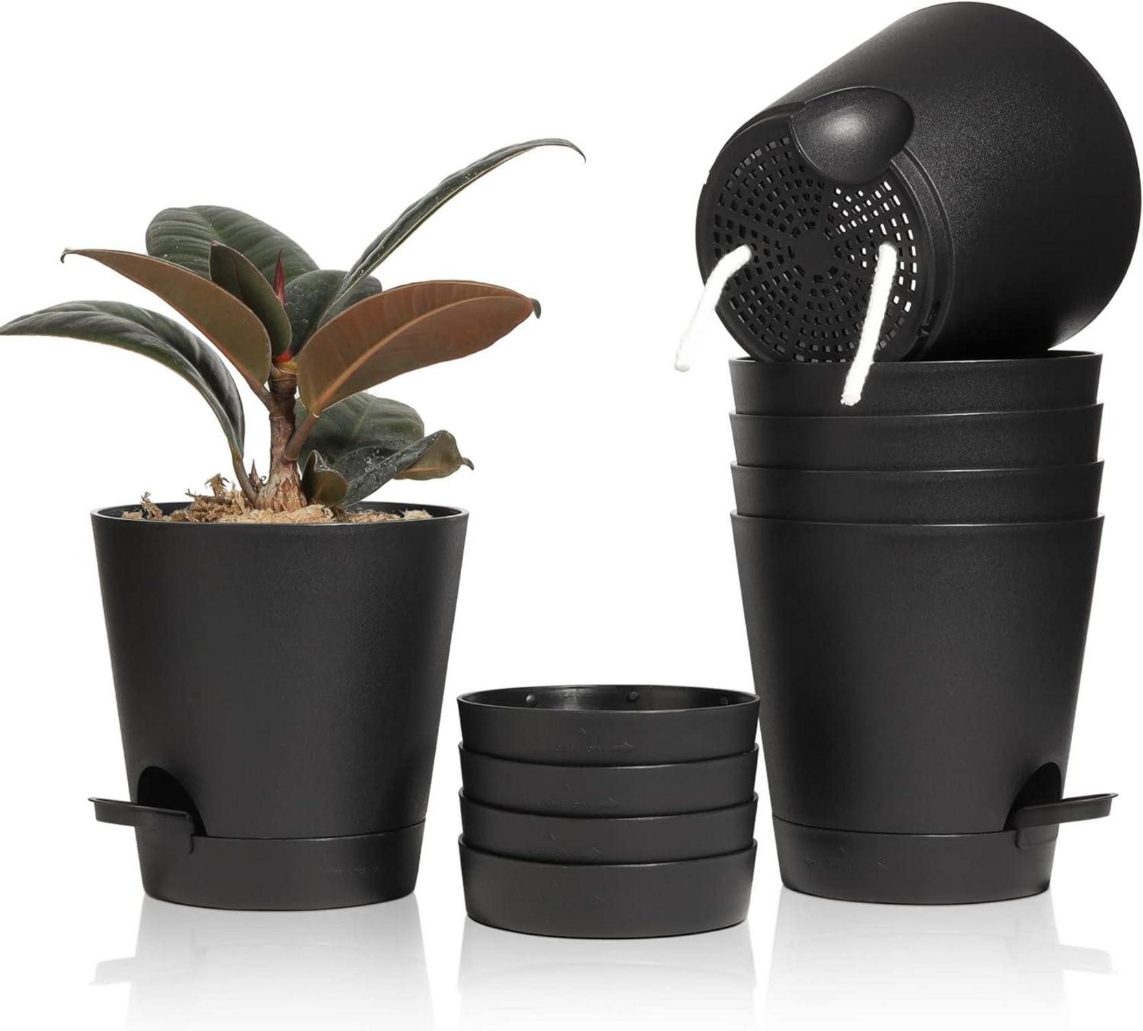 Schutz-Set T4U 14cm Selbstbewässerung Blumentopf 6er-Set Schwarz mit Untersetzer