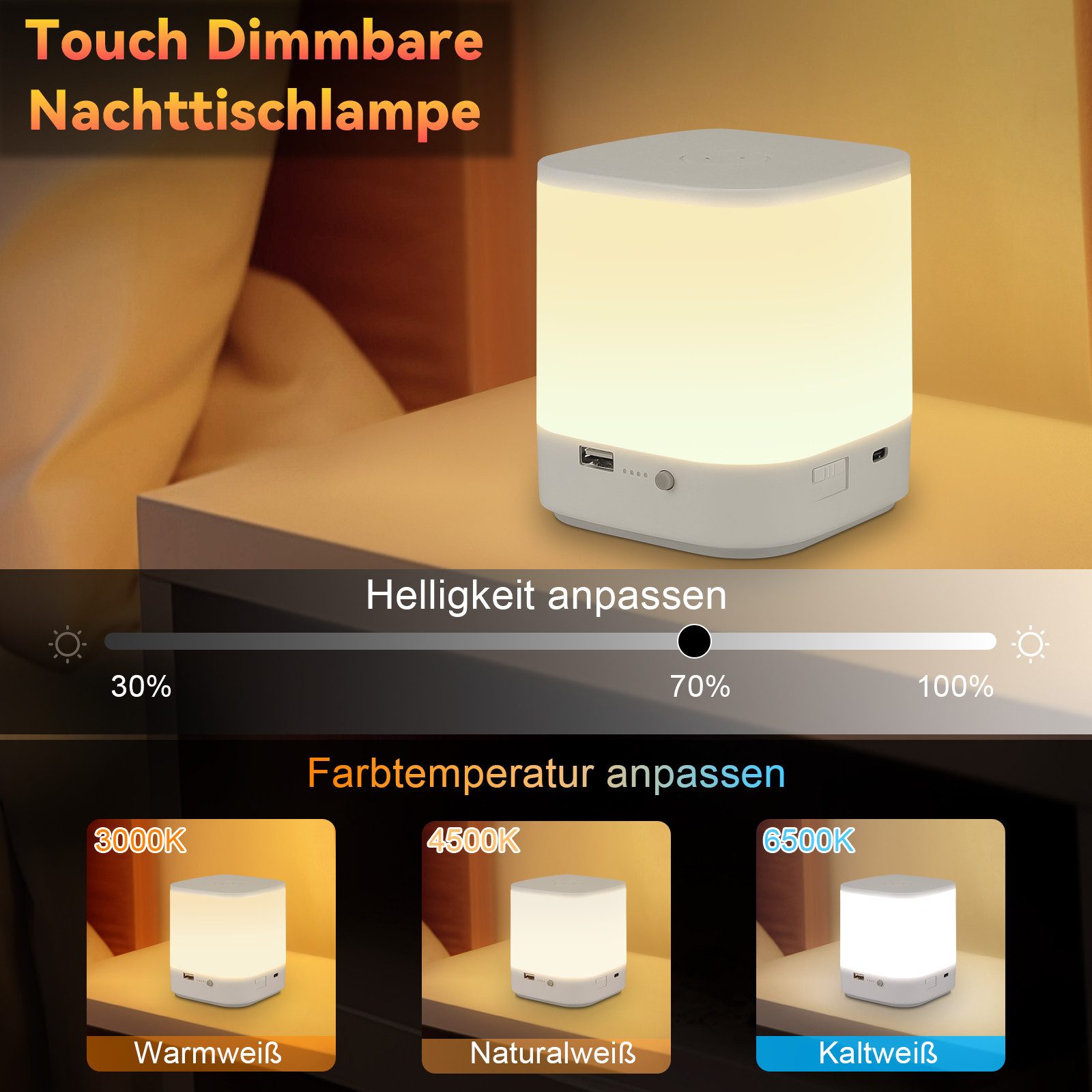 Nettlife LED Nachttischlampe Touch Dimmbar Akku 3600mAH USB Aufladbar Weiß günstig online kaufen