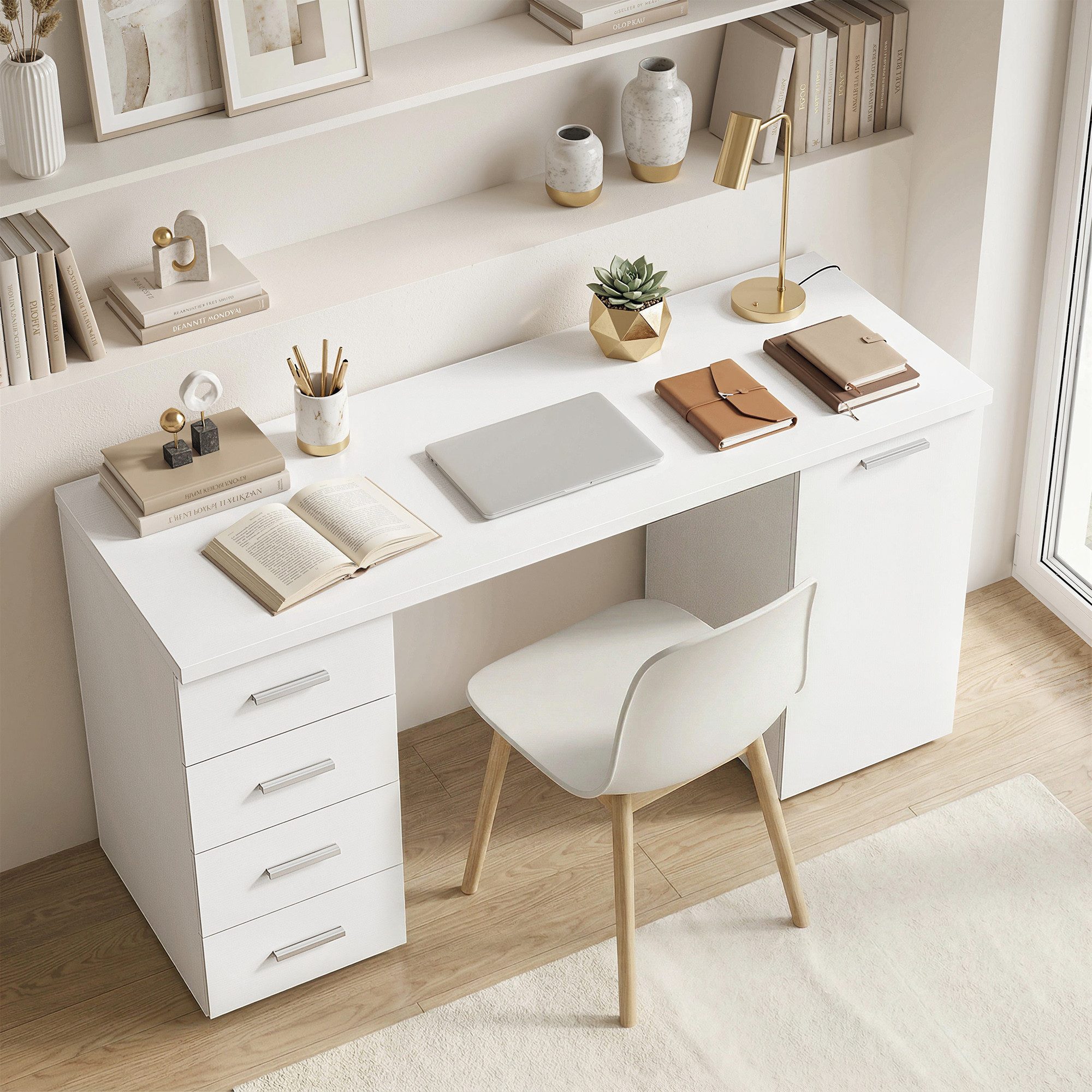 HOMCOM Schreibtisch Moderner Bürotisch (1 Tisch, 1-St., PC Tisch), 140 cm breit, 4 Schubladen, Schrank, höhenverstellbares Regal