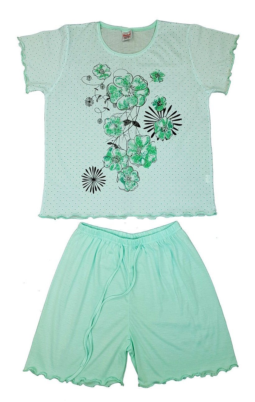 Girls Fashion Damen Schlafanzug Mint floralen D264 Print, Pyjama kurz, Shorty, im Shorty