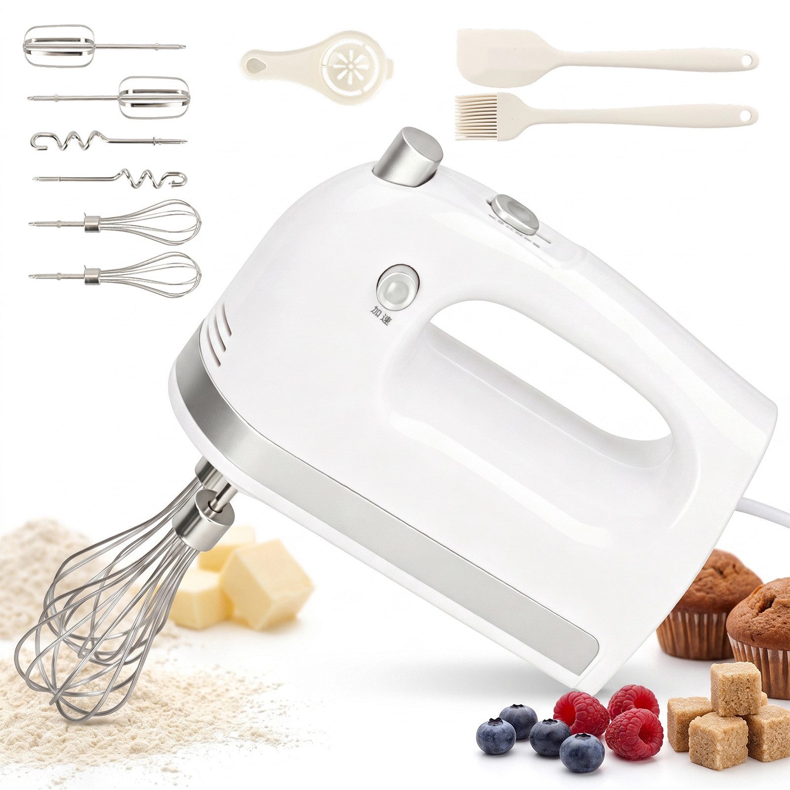 AKKEE Handmixer Elektrischer Handmixer 400 W, 5 Geschwindigkeitsstufen, leicht, 400 W, 5 Edelstahl Zubehör mit Turbo- und Auswurftaste