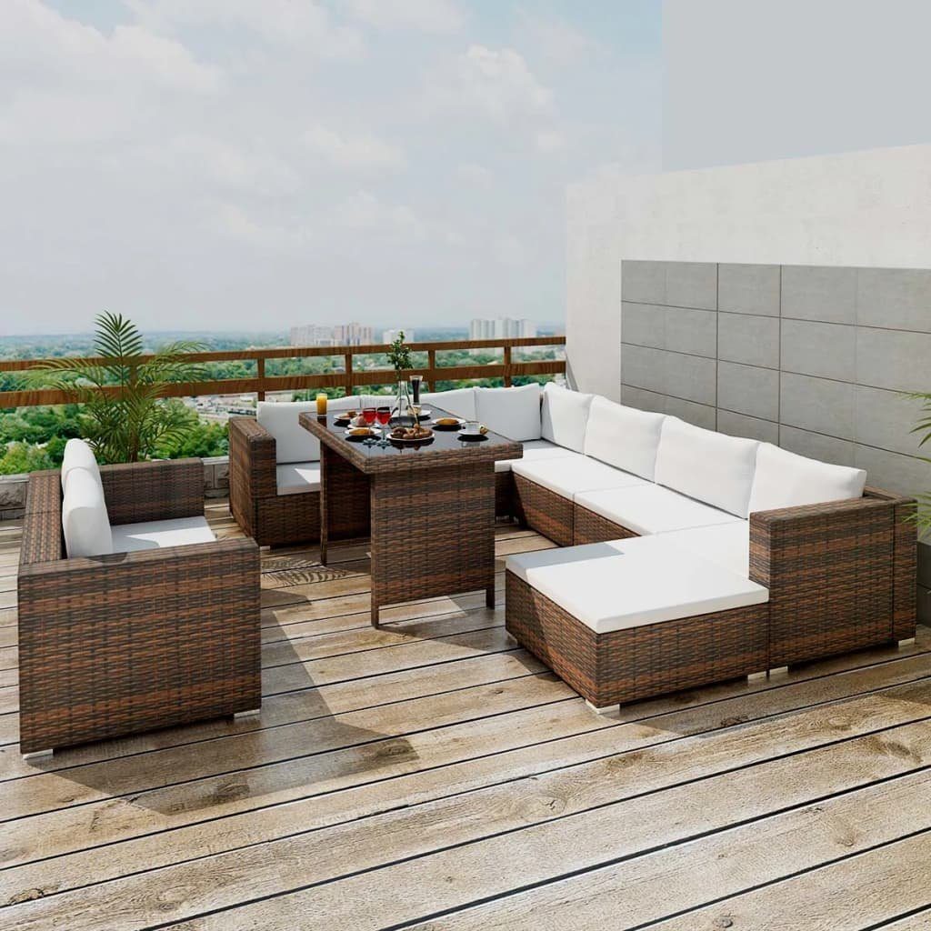 vidaXL Gartenlounge-Set 10-tlg. Poly Braun, Auflagen Rattan mit Garten-Lounge-Set (10-tlg)