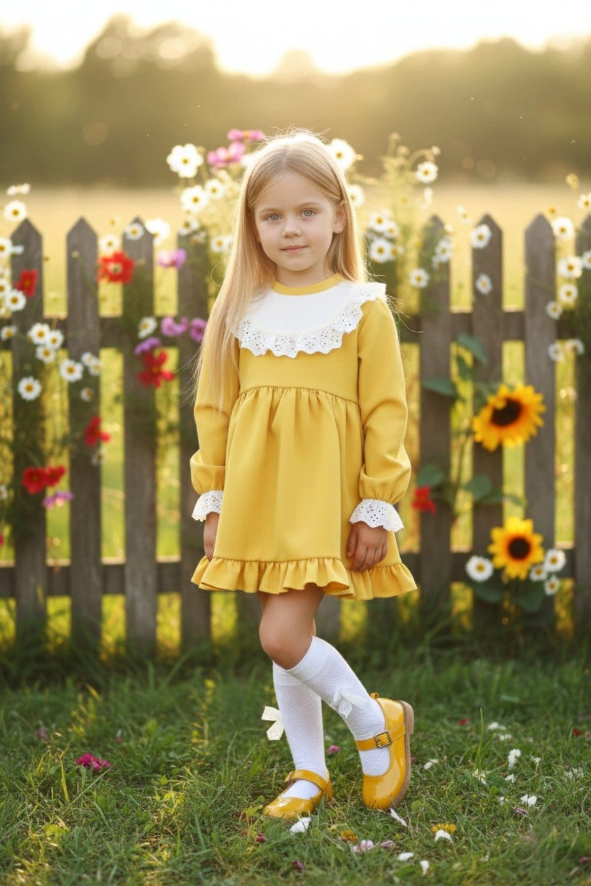 Parla Kids Kleid & Haarband Gelbes Kleid langärmelig mit Rüschensaum Spitzendetails und Haarband
