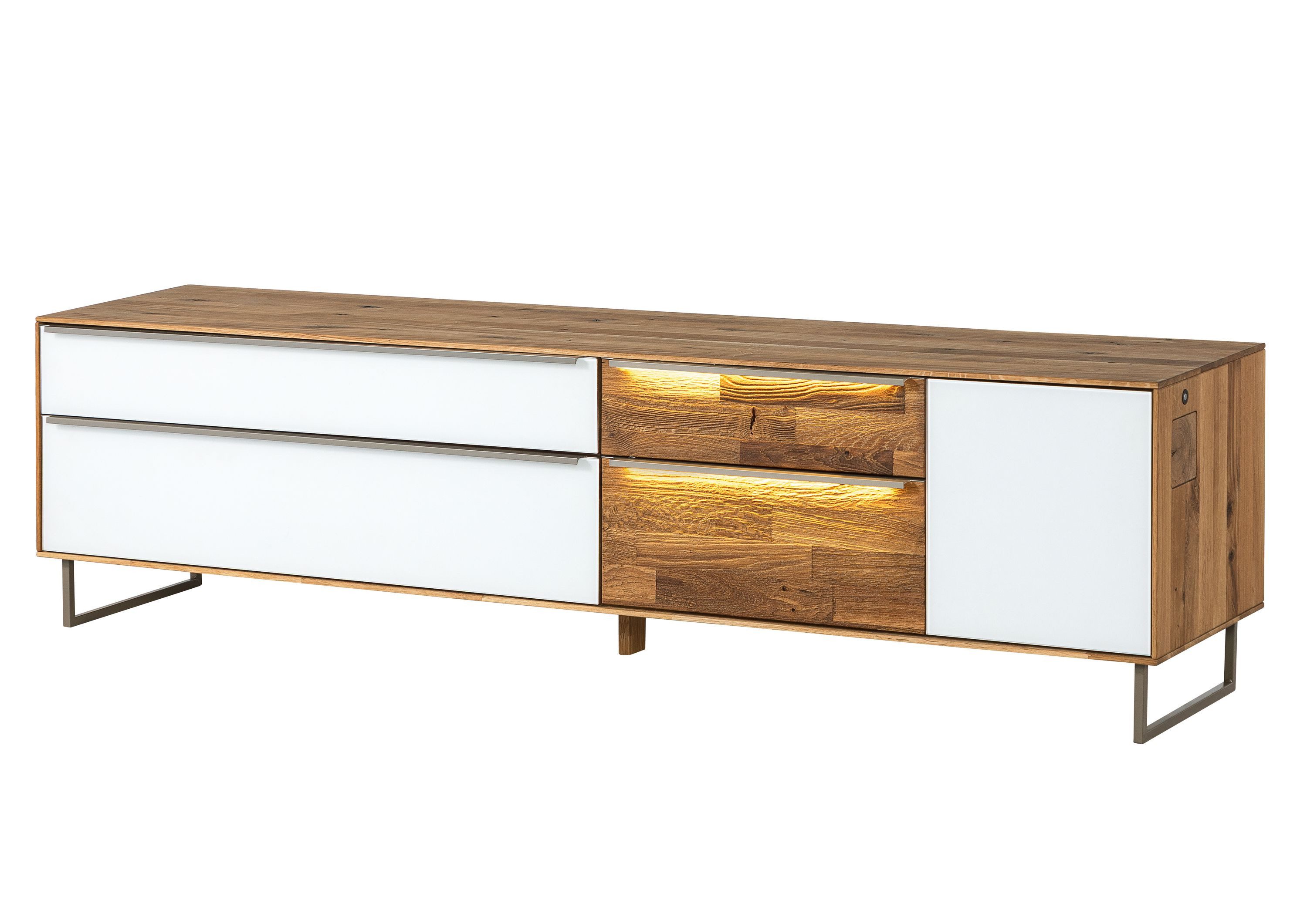 Massivmoebel24 Lowboard WIEN (Massivholz), Wildeiche 200x43x52 natur geölt / Glas weiß WIEN #105