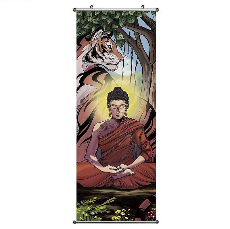 GalaxyCat Poster Asiatisches Buddha Kakemono, Rollbild aus Stoff 100x40cm, Motiv:, Tiger, Buddha Rollbild / Wallscroll
