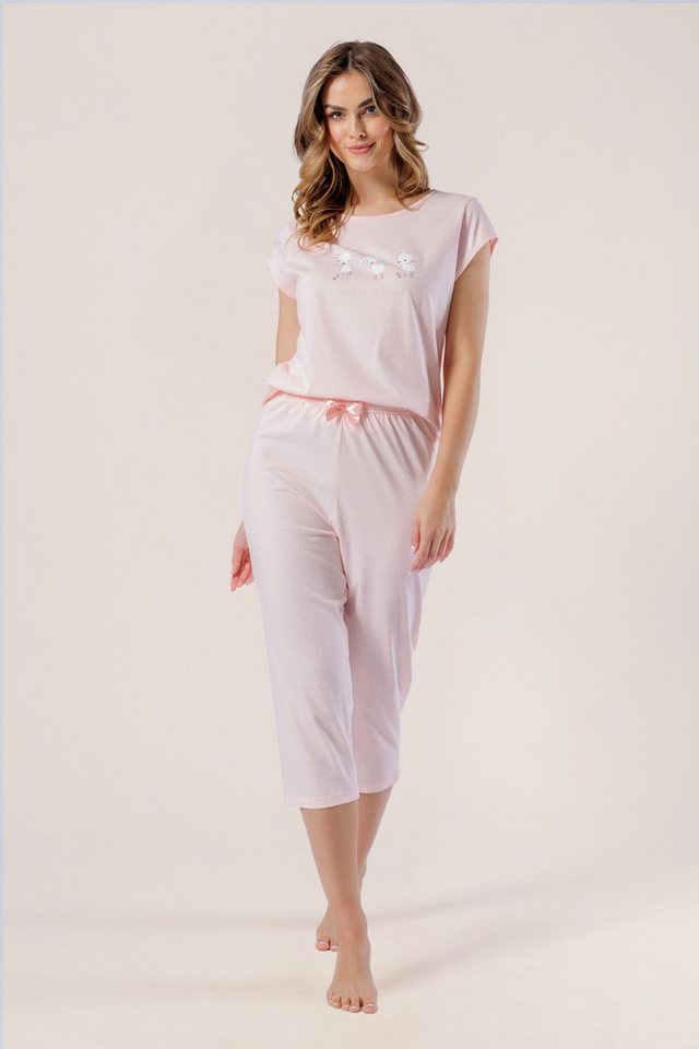 COOLISMO NIGHTWEAR Capri-Pyjama Sommer Pyjama 100% Baumwolle (2 tlg) weicher 3/4 Schlafanzug in Apricot mit Schäfchen-Print und Flügelarm