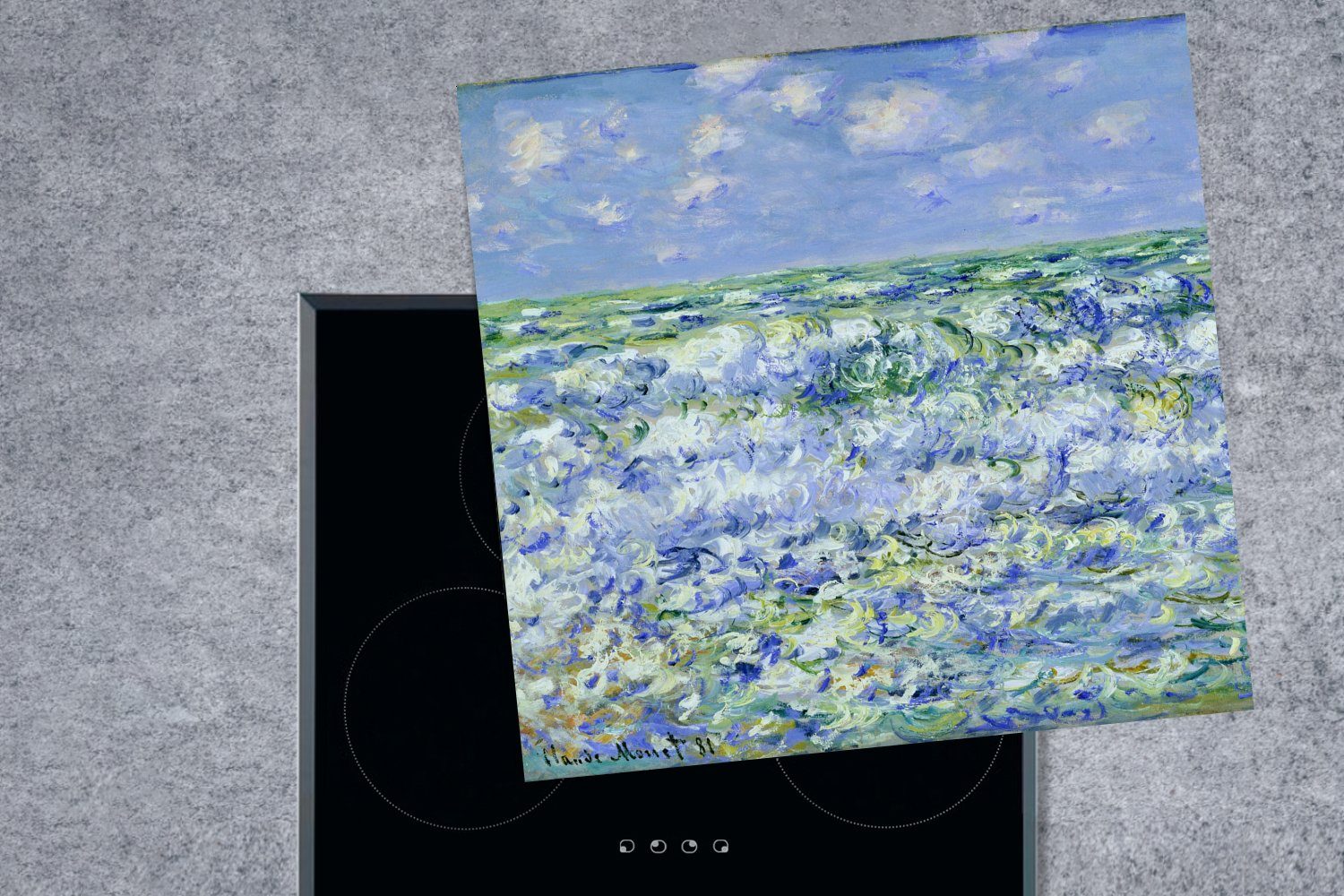 Wellen Herdblende-/Abdeckplatte (1 tlg), MuchoWow Sich Vinyl, cm, Ceranfeldabdeckung, Gemälde Monet, küche Claude 78x78 brechende für - von Arbeitsplatte