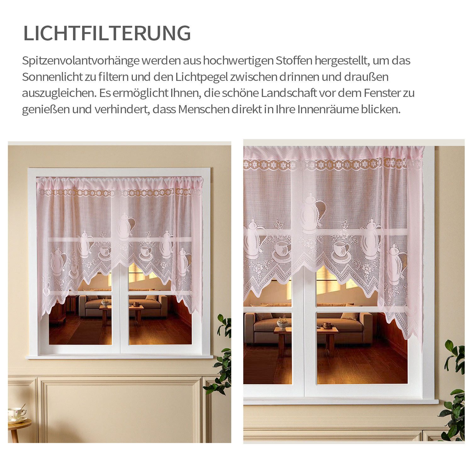 Refttenw Scheibengardine Spitze Voile Kurze Vorhänge Cafe Vorhang Kuvertstore (1 St), Stangendurchzug, halbtransparent, Teekanne&Tasse Drucken, mit Stangentasche -Rosa,150x100cm (BxH)