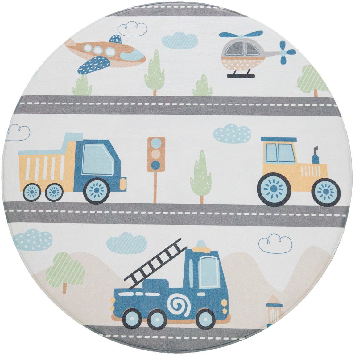 Paco Home Kinderteppich Chicos 561, rund, Höhe: 4 mm, Flachgewebe, Spielteppich, Motiv Fahrzeuge, Kinderzimmer