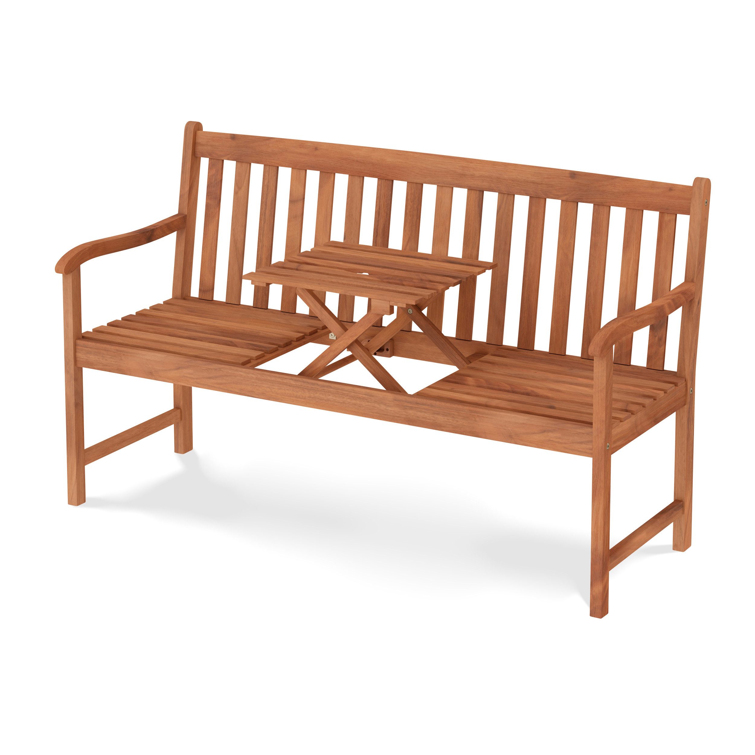 KHG Gartenbank aus Akazie-Massivholz braun (2 Sitzer mit integriertem Tisch, für 2-3 Personen wetterfest 150 x91x63 cm), mit integriertem Tisch, wetterfest