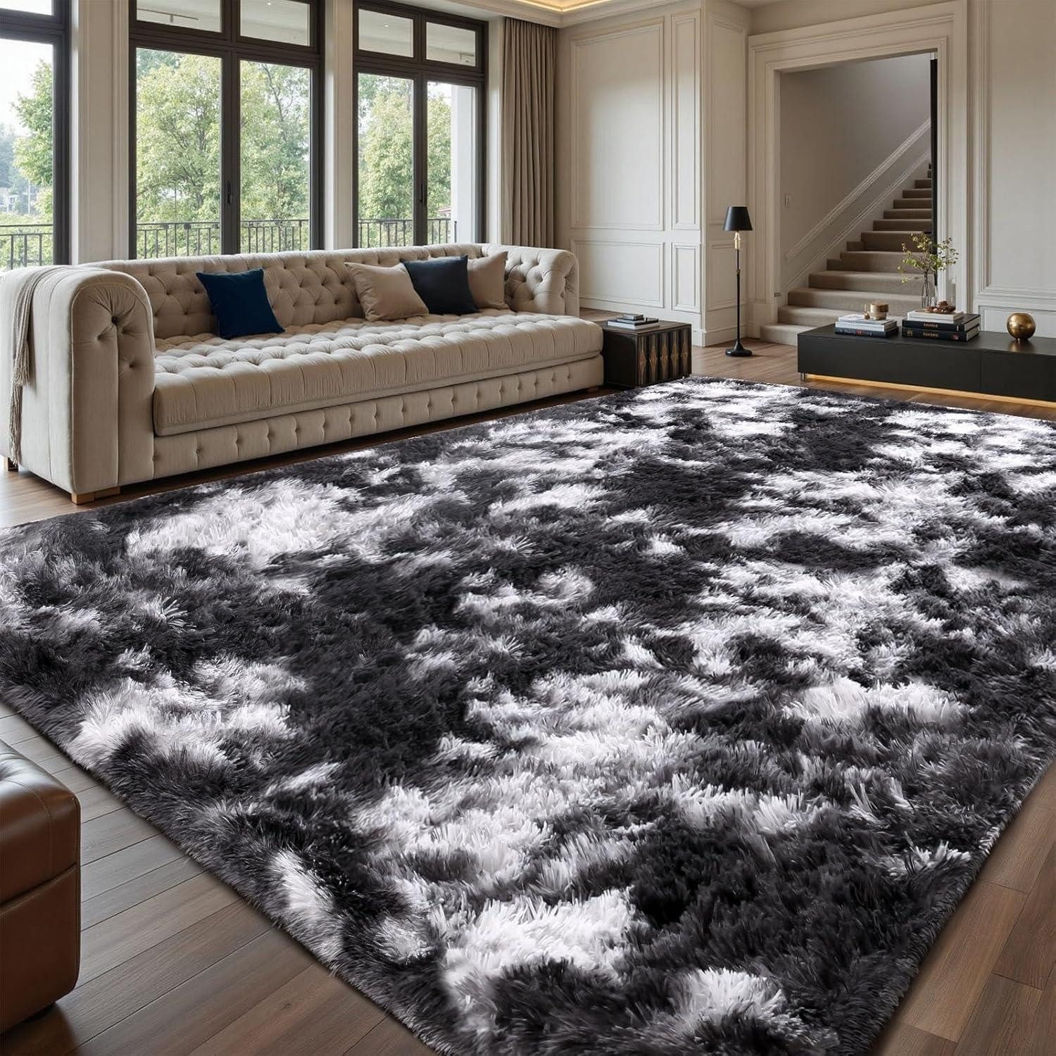 LuxusKollektion Hochflor-Teppich Teppich Hochflor Waschbar Schwarz Weiß Grau 200 x 300 cm (Rechteckig)