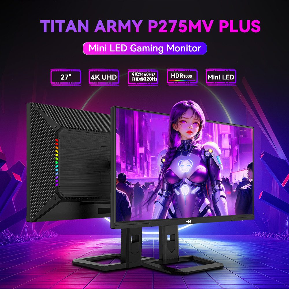 TITAN ARMY P275MV PLUS Flat 16:9 Fast IPS UHD 160Hz Gaming-LED-Monitor (4K@160Hz/FHD@320Hz px, 4K UHD, 1 ms Reaktionszeit, 320 Hz, Fast IPS, Dual-Modus FHD 320H 1152 Lokal dimmbarer Mini-LED-Gaming-Monitor)