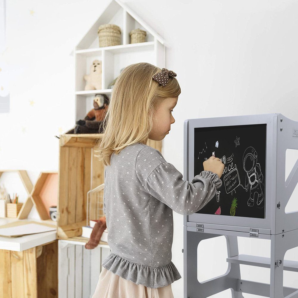 OUNUO Kinderstuhl Klappbarer Tritthocker Lernturm mit Zeichenbrett, für Kinder ab 1 Jahr