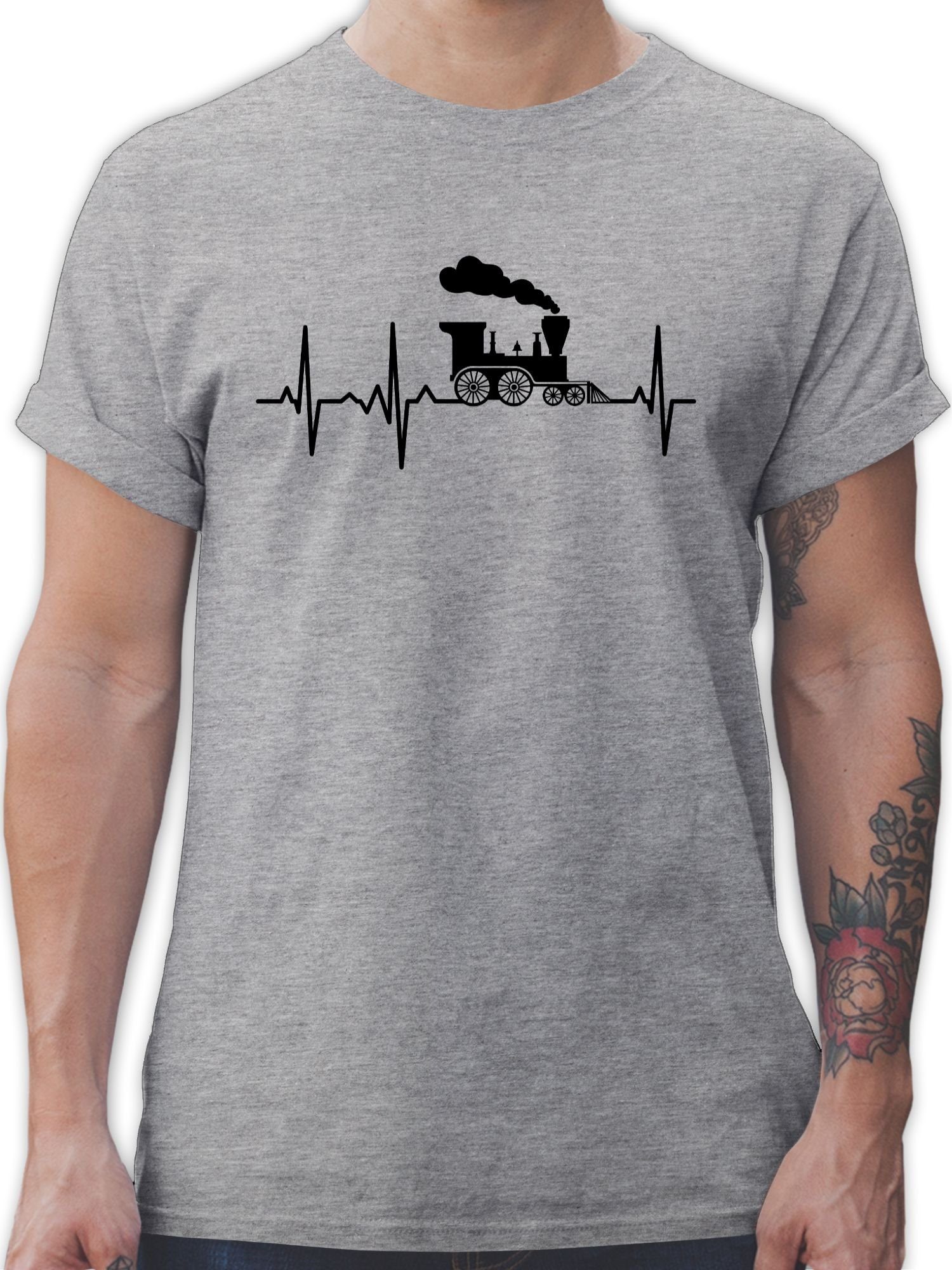 Shirtracer T-Shirt Dampflok Herzschlag I Dampflokomotive Geschenk Eisenbahner Eisenbahnli Hobby Outfit 2 Grau meliert