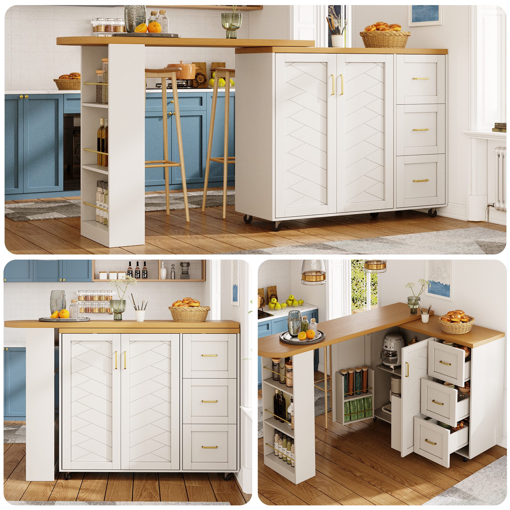 Odikalo Kücheninsel Bartisch Küchenwagen mit Arbeitsplatte und Schubladen, (Verlängerbarer Barwagen mit 2 Türen & 3 Schubladen (135-228 x 39 x 104 cm), rollbar, Bartisch in Weiß/Schwarz)