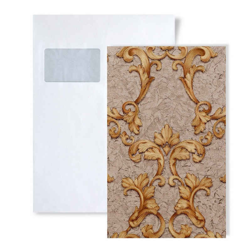 Edem Prägetapete S-9085-26, geblümt, schimmernd, ornamental, Barock-Style, (1 Musterblatt, ca. A5-A4), beige, grau-beige, sand-gelb, gold