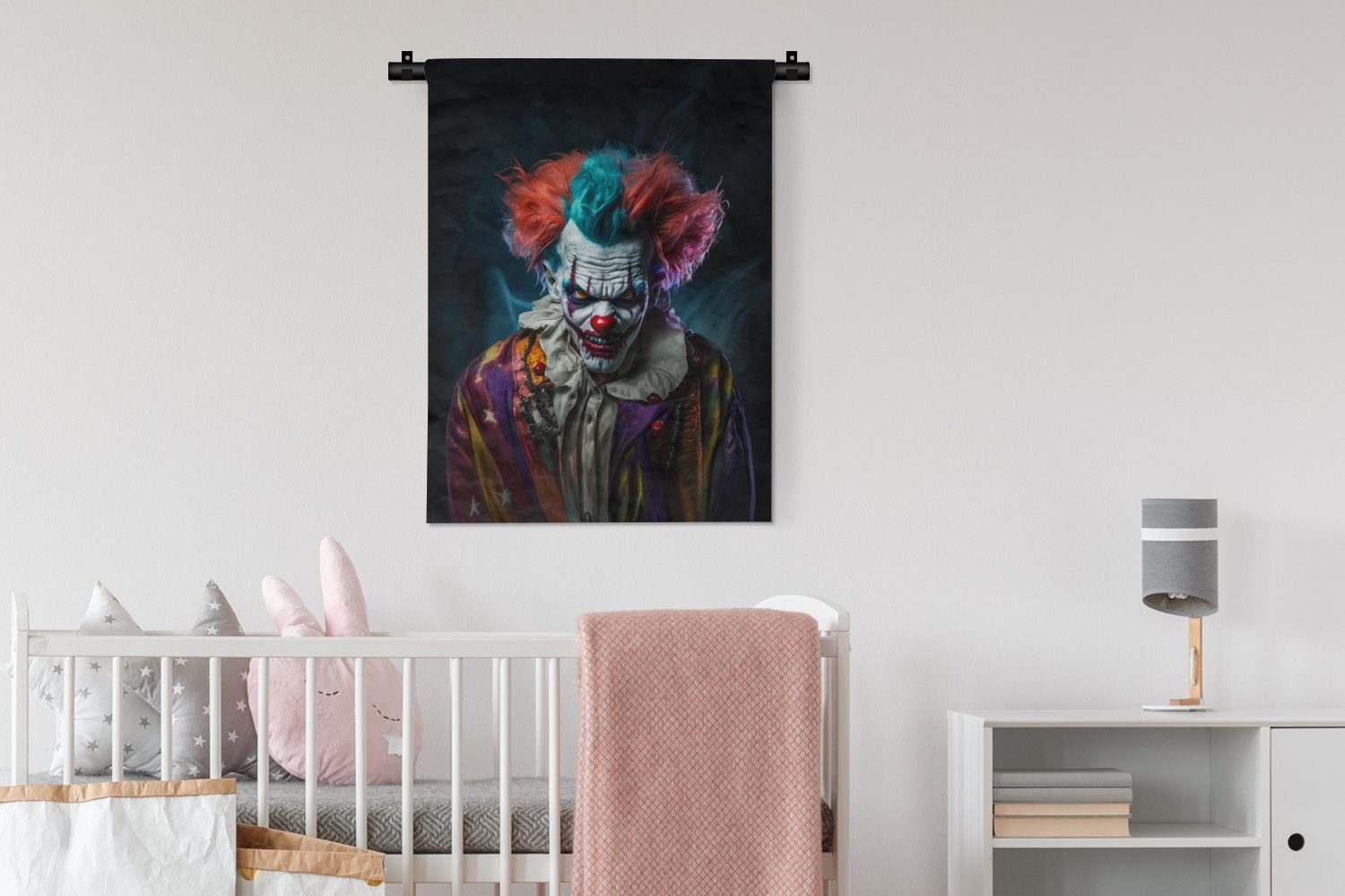 Wohnzimmer, an - Clown Wand, Tapisserie, Make-up für Kostüm - der Deko Schlafzimmer Wanddekoobjekt - - Porträt Horror, MuchoWow