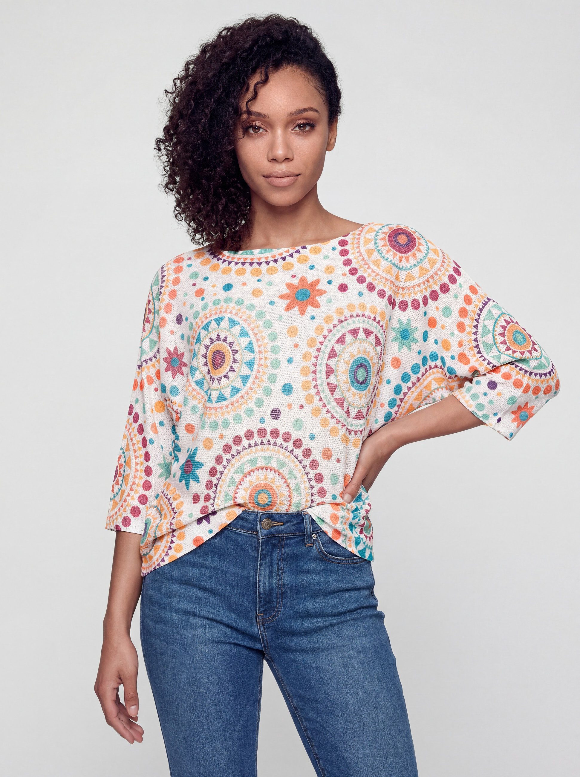 PEKIVESSA Strickpullover Fledermauspullover mit Mandala-Muster mit U-Boot-Ausschnitt