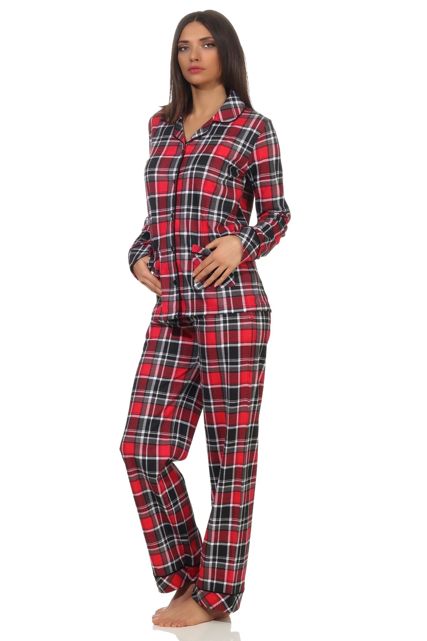 Normann Pyjama Damen Single in durchknöpfen Optik Karo Pyjama Jersey in Qualität zum