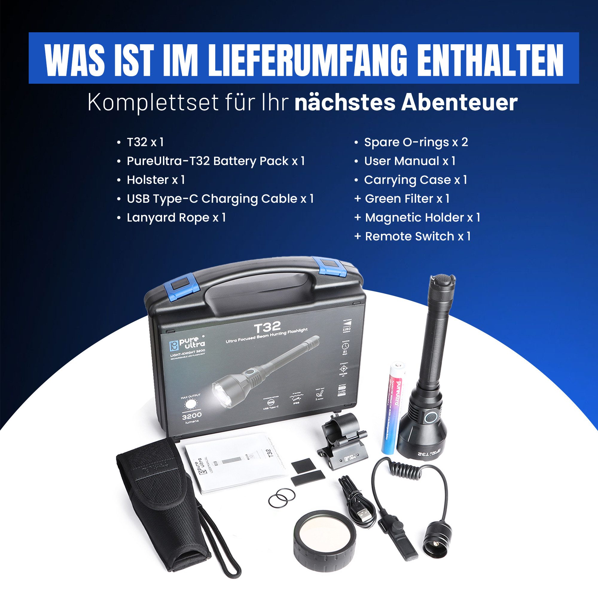 PureUltra LED Taschenlampe T32 (Hunting-Kit), 3200 Lm fokussierter Beam · 1150 m Reichweite · RGB Filter · IP68