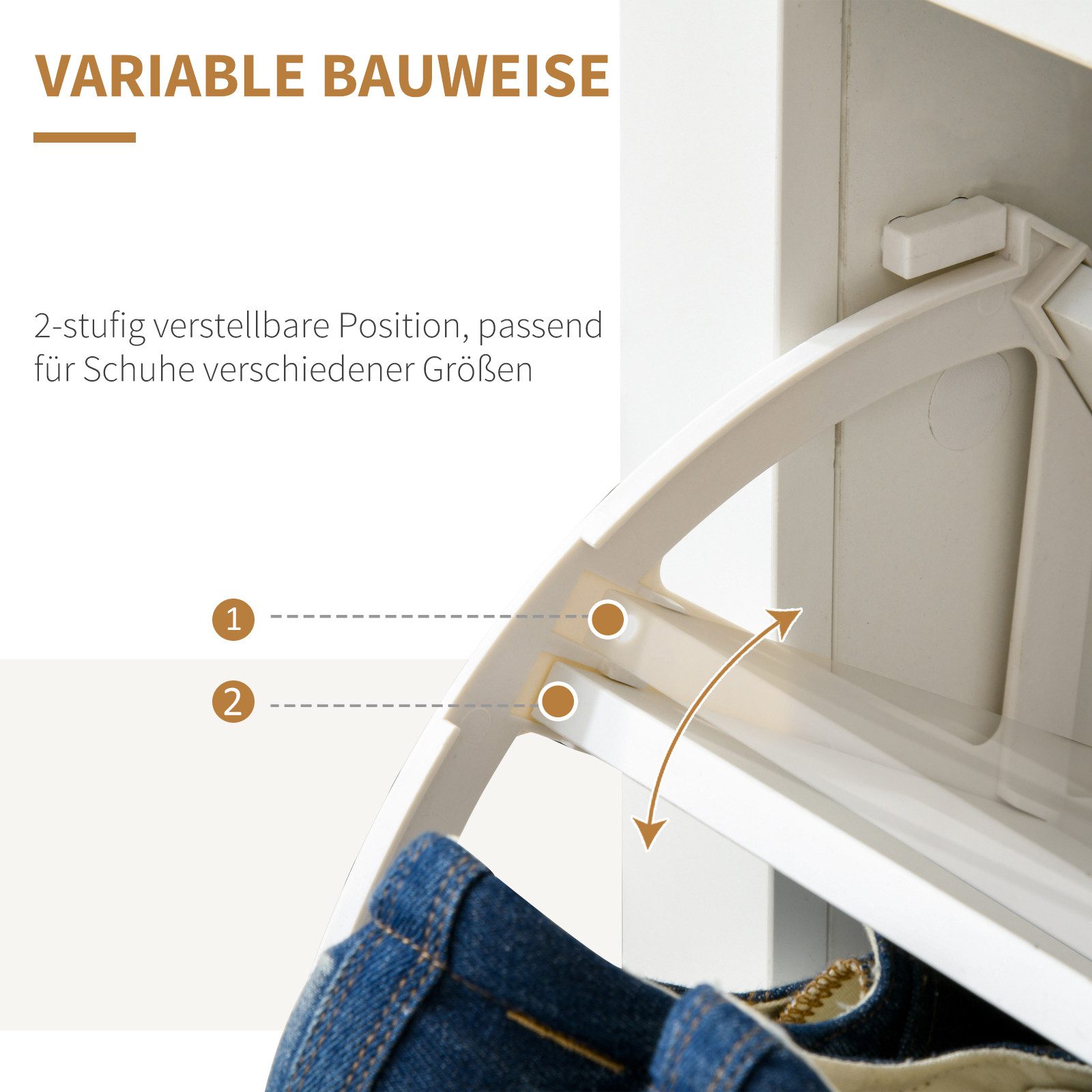 HOMCOM Schuhkipper Schuhschrank mit 2 Klappen, Schuhregal, schmal, für 12 Paar Schuhe (Schuhständer, 1 St., Schuhkipper), für Flur, Eingangsbereich Weiß+Natur 7 – Bild 5 von 5