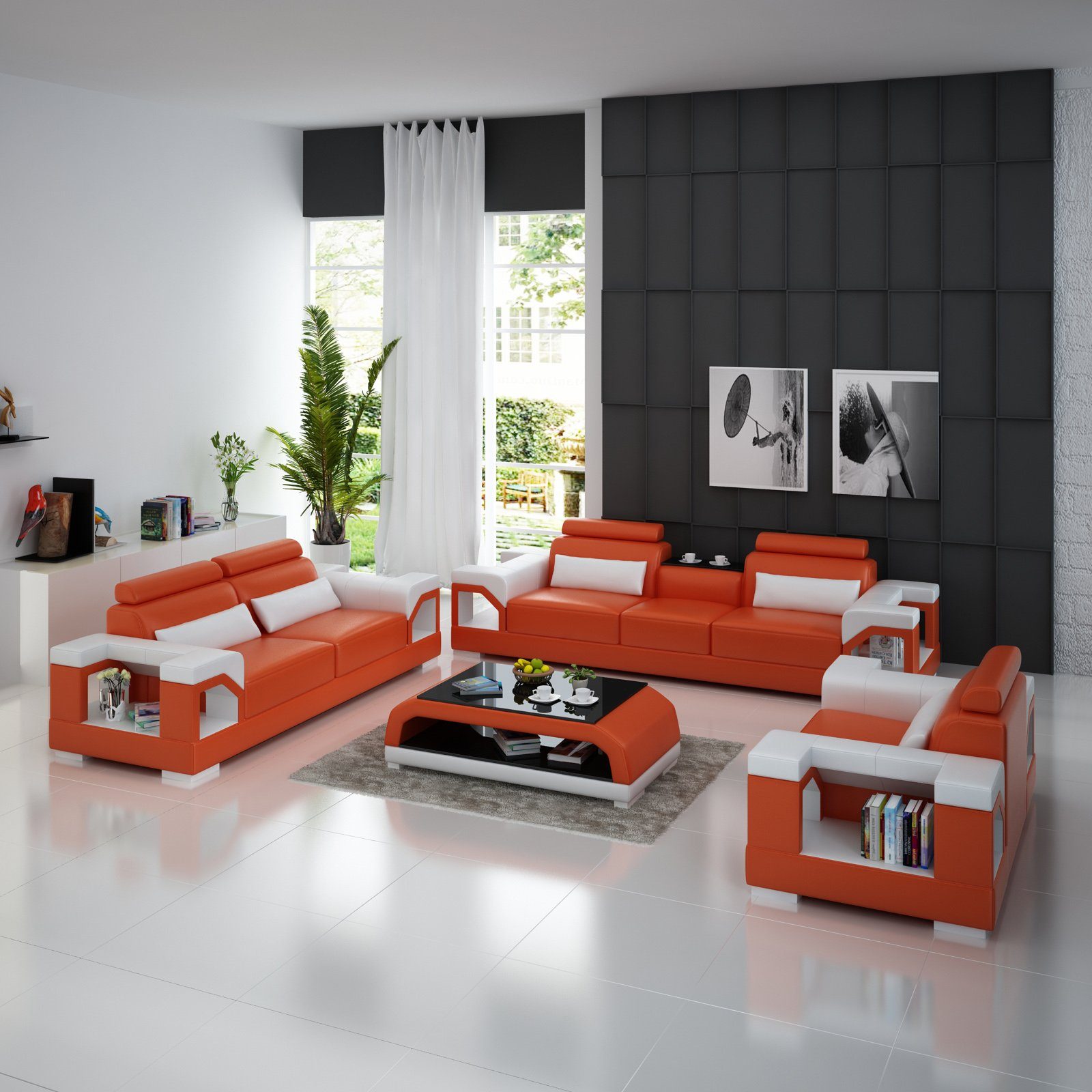 Orange/Weiß Design Sofa JVmoebel Sofagarnitur 321 Wohnzimmer-Set, Ledersofa Modern Garnitur usb Couch