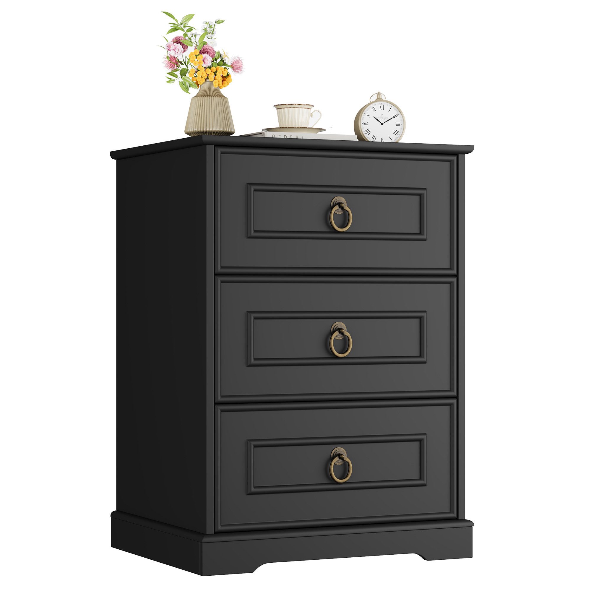 Homfa Nachttisch Nachtschrank Nachtkommode Nachtkonsole, mit 3 Schbuladen, Beistelltisch Landhausstil, 45,5x38x64cm, Schwarz