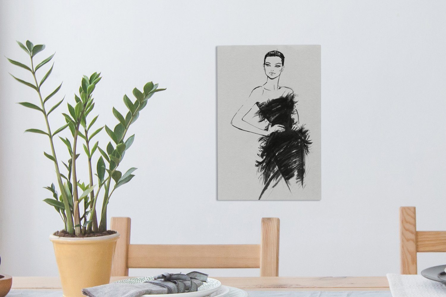 Illustration bespannt schwarz-weiße Gemälde, Frau, fertig 20x30 (1 Zackenaufhänger, Leinwandbild Leinwandbild St), cm OneMillionCanvasses® einer inkl. Eine
