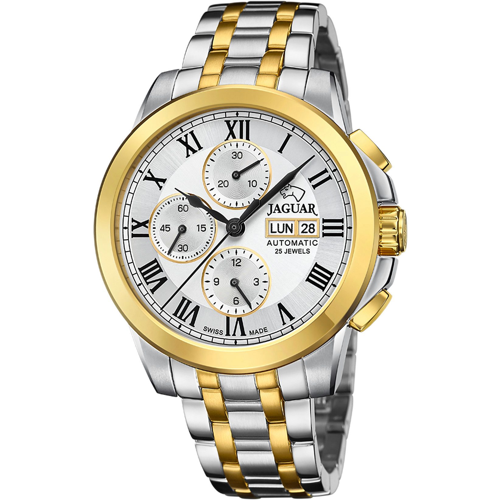 Jaguar Automatikuhr Chronograph J1001/1, Swiss Made, Bicolor-Design, Edelstahlband, 45 mm, hochwertiges Automatikuhrwerk mit Chronographenfunktion
