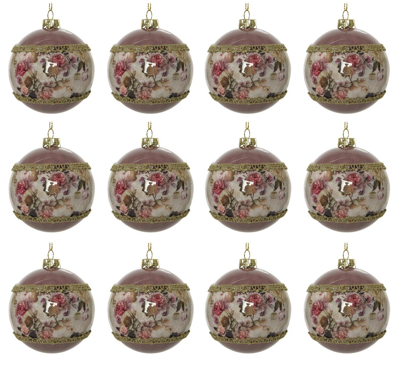 Decoris season decorations Christbaumschmuck, Weihnachtskugeln Kunststoff 8cm Vintage Blumen 12er Set - Altrosa