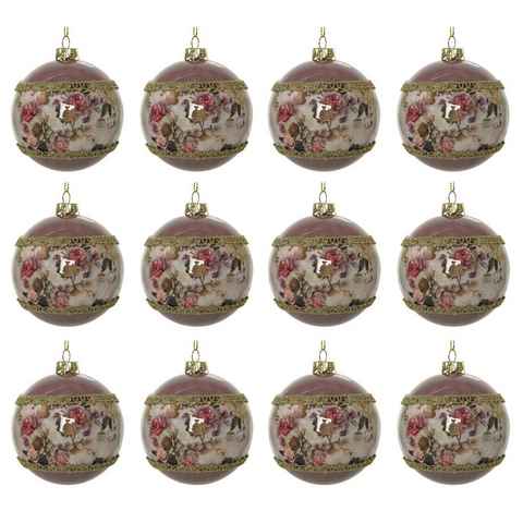 Decoris season decorations Weihnachtsbaumkugel, Weihnachtskugeln Kunststoff 8cm Vintage Blumen 12er Set - Altrosa