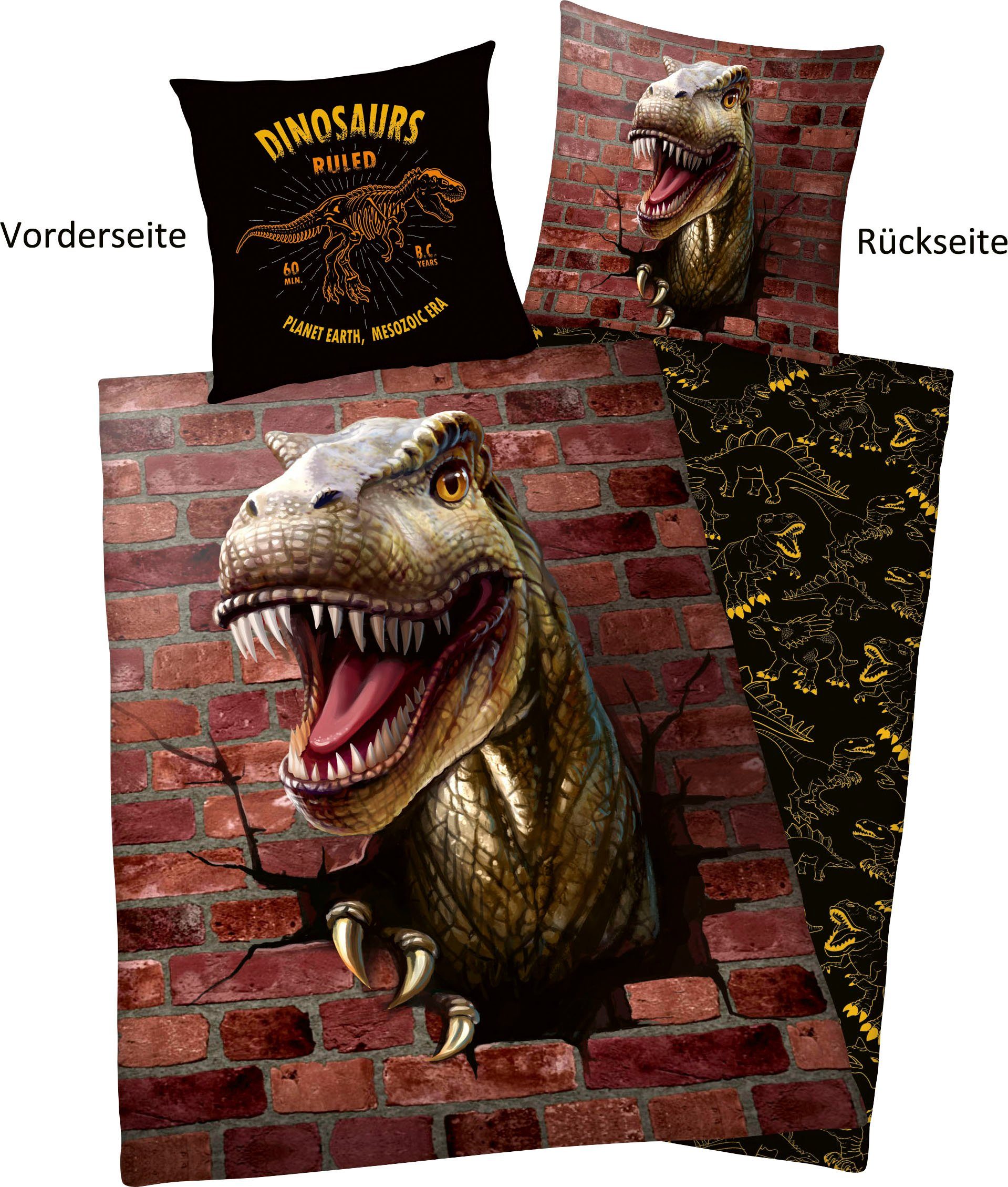 Herding Young Collection Wendebettwäsche Dino 3D, Renforcé, 2 teilig, mit tollem 3D Motiv