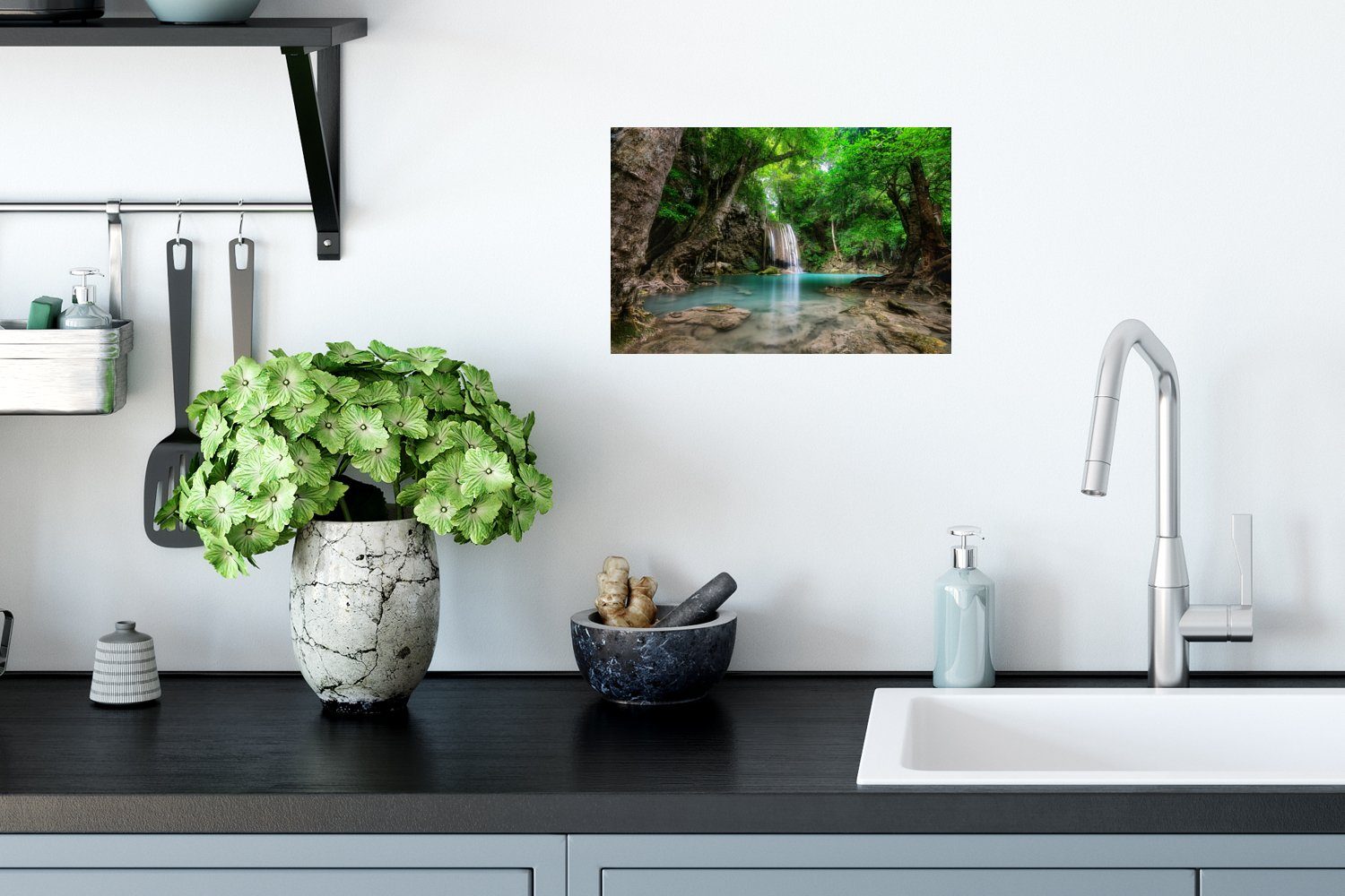 MuchoWow Wandsticker Dschungel - Wasserfall - Pflanzen - Wasser - Natur (1 St), Wandtattoo, Selbstklebend, Wohnzimmer, 30x20 cm