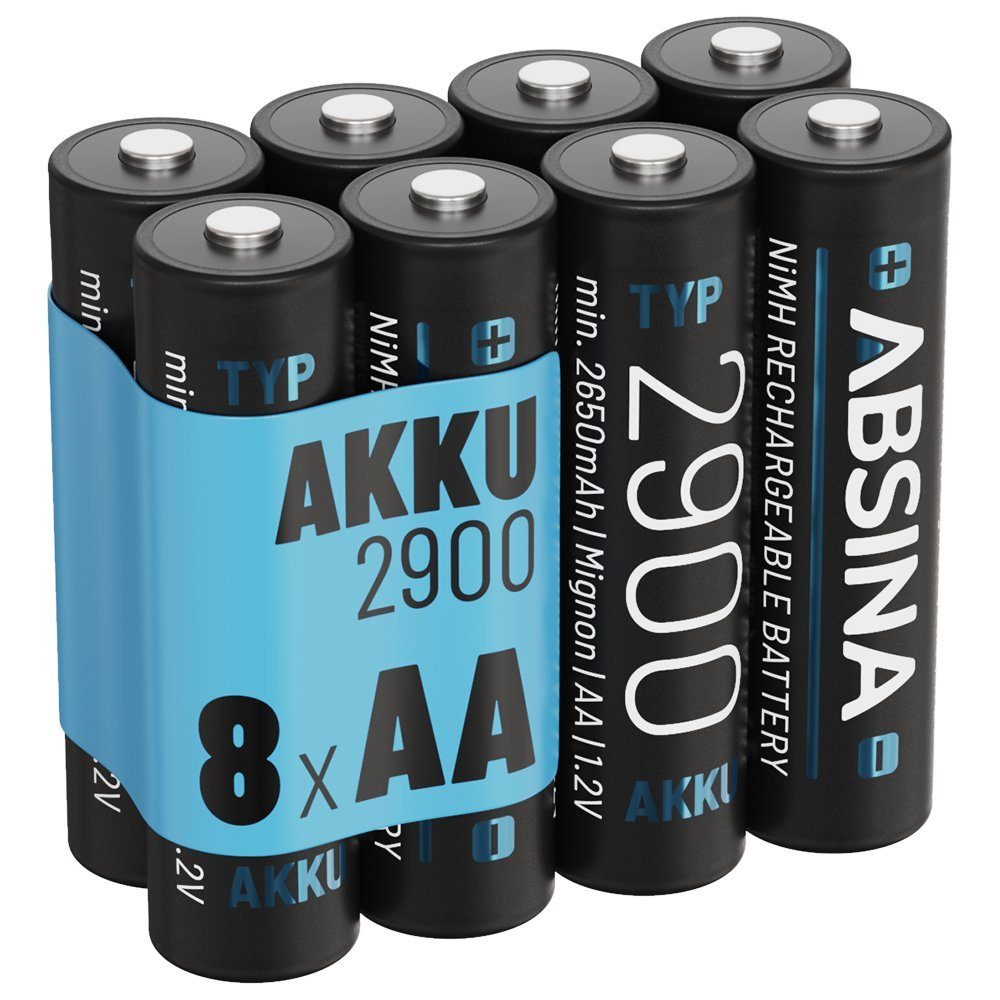 ABSINA Akku AA Mignon 2900 8er Pack - NiMH Wiederaufladbarer AA Akku mit min. 2650mAh & 1,2V - Akkus AA für Geräte mit hohem Stromverbrauch - AA Akkus ideal für Blitzgerät, Wii & Xbox Controller Akku 2650 mAh (1.2 V)