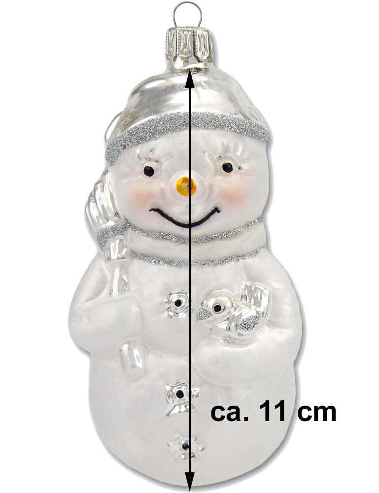 Thüringer Glasdesign Christbaumschmuck Schneemann Set (2 Stück) 11 cm aus Glas - Weiß/Silber - Weihnachtsbaum Anhänger (2-tlg), Mundgeblasen