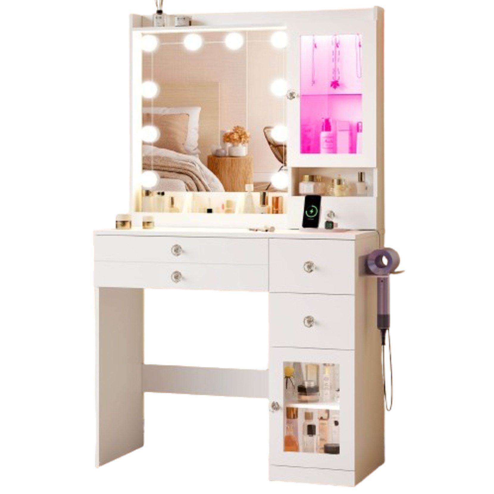Dripex Schminktisch LED-Spiegel&Vitrine 80cm-USB&Steckdose-RGB-Beleuchtung-Stauraum-Weiß
