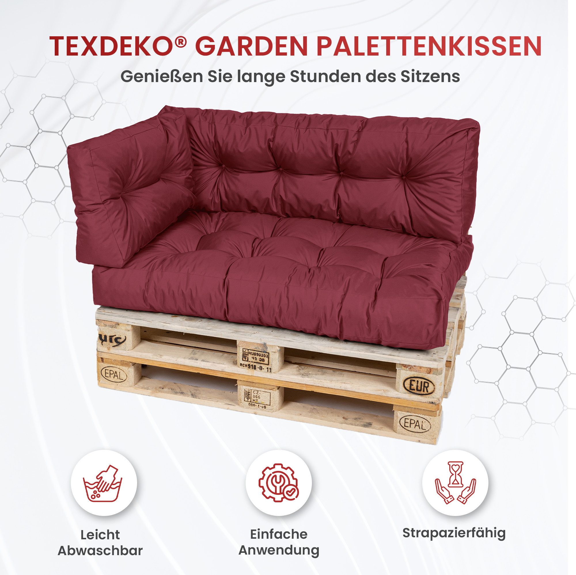 TexDeko Palettenkissen TexDeko Garden 5-TLG Palettenkissen-Set wasserabweisend gesteppt, 2x Palettenkissen + 2x Rückenkissen + 1x Seitenkissen