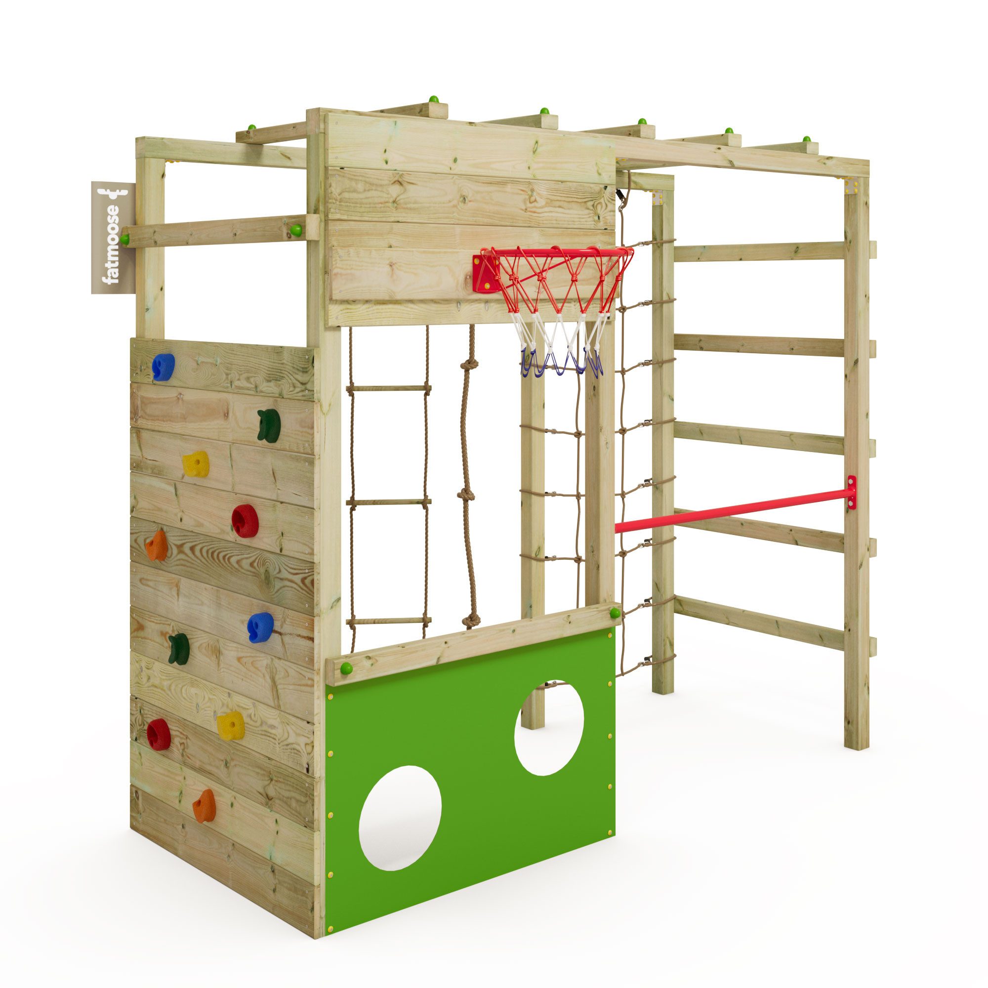 FATMOOSE Klettergerüst CleverClimber – Klettergerüst mit Kletterwand & Basketballkorb, (Multifunktionaler Kletterturm mit Kletternetz, Strickleiter & Reckstange, extrem witterungsbeständig mit 10 Jahren Garantie), für abwechslungsreichen Spielspaß