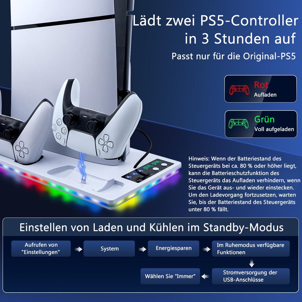 TUWENA Vertikale Standfuß mit Kühlung für PS5/Pro/Slim, mit 3 Stufen Lüfter Switch-Controller