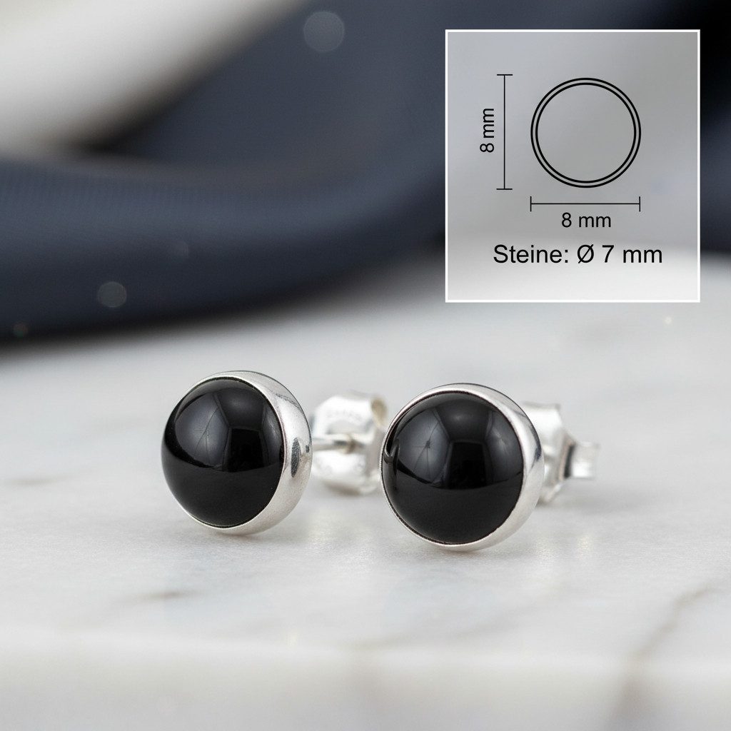 mantraroma Paar Ohrstecker SAMA rund medium aus 925 Silber mit Onyx (Paar, Paar Ohrringe mit Schmuckbeutel), 925 Sterling Silber Ohrringe für Damen