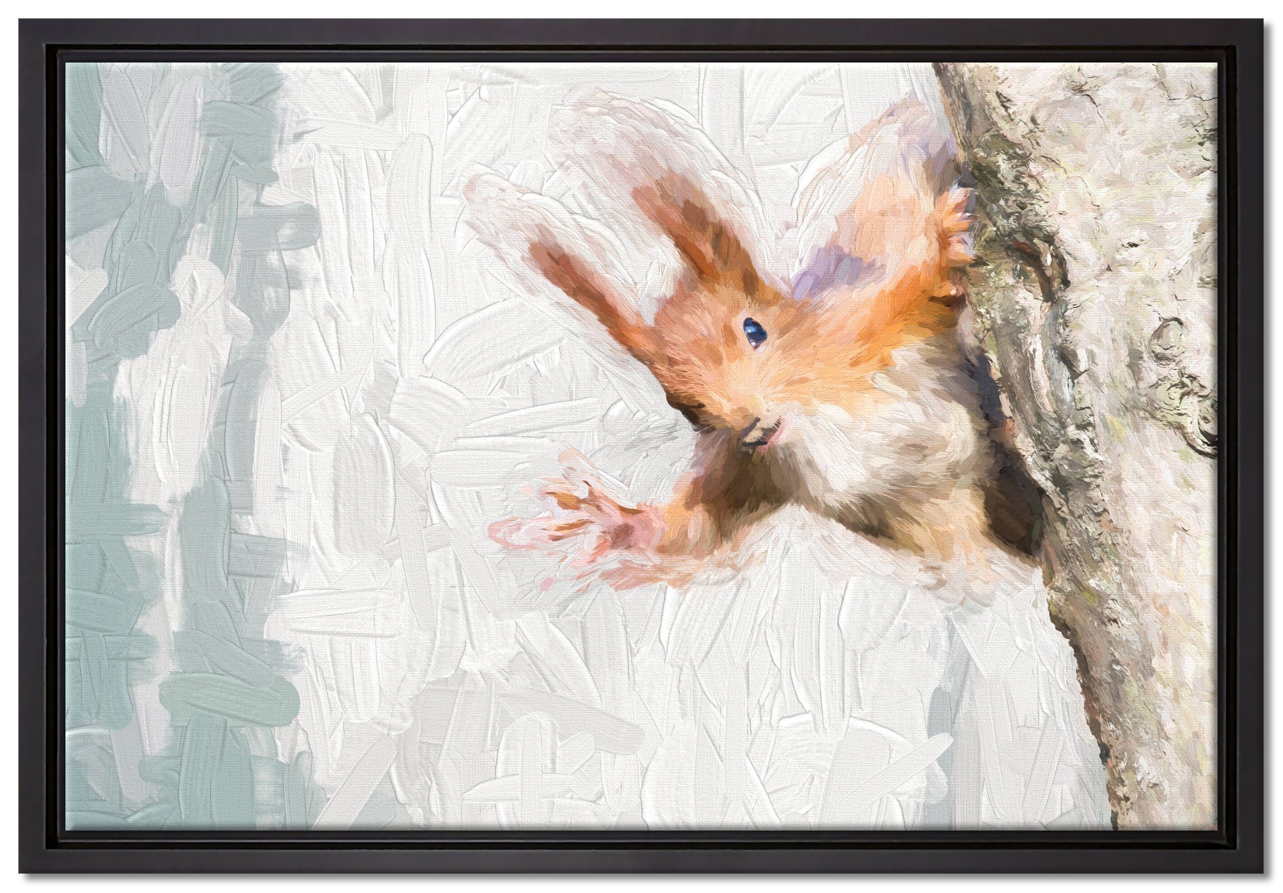 Pixxprint Leinwandbild Neugierig rotes Eichhörnchen Kunst, Wanddekoration (1 St), Leinwandbild fertig bespannt, in einem Schattenfugen-Bilderrahmen gefasst, inkl. Zackenaufhänger
