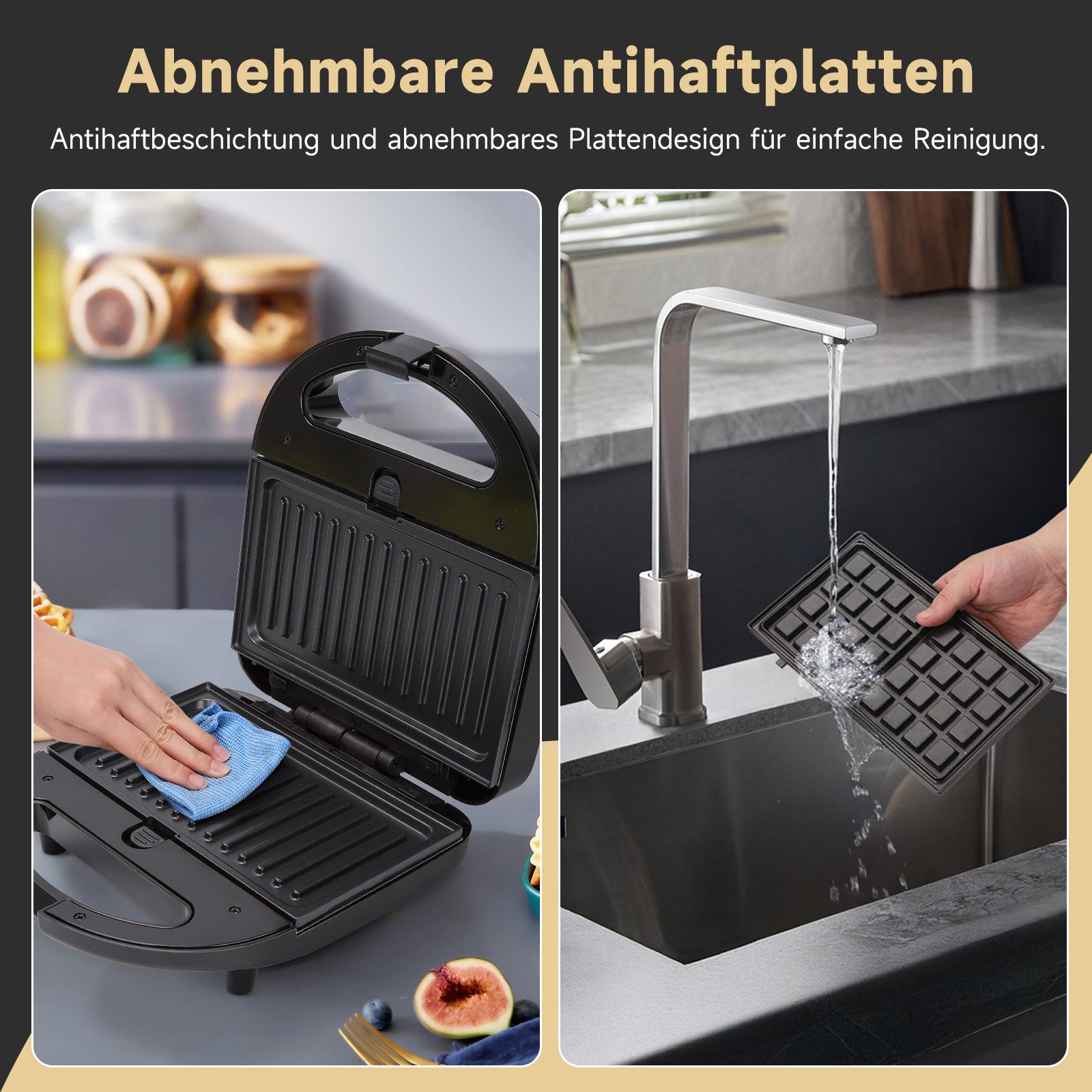 Aigostar 3-in-1-Kombi-Waffeleisen 750 W Sandwichmaker, 3 Austauschbare Platten, Beidseitiges Grillen, 750,00 W, Antihaftbeschichtet, Automatisches Thermostat, W – Bild 4 von 5