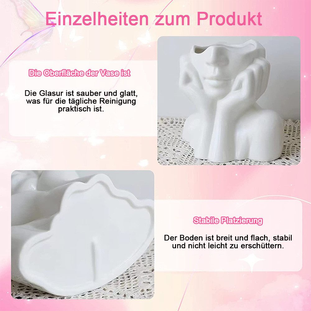 TUWENA Dekovase Keramikvase mit Gesicht, weiße Blumenvasen zur Dekoration – Bild 3 von 5