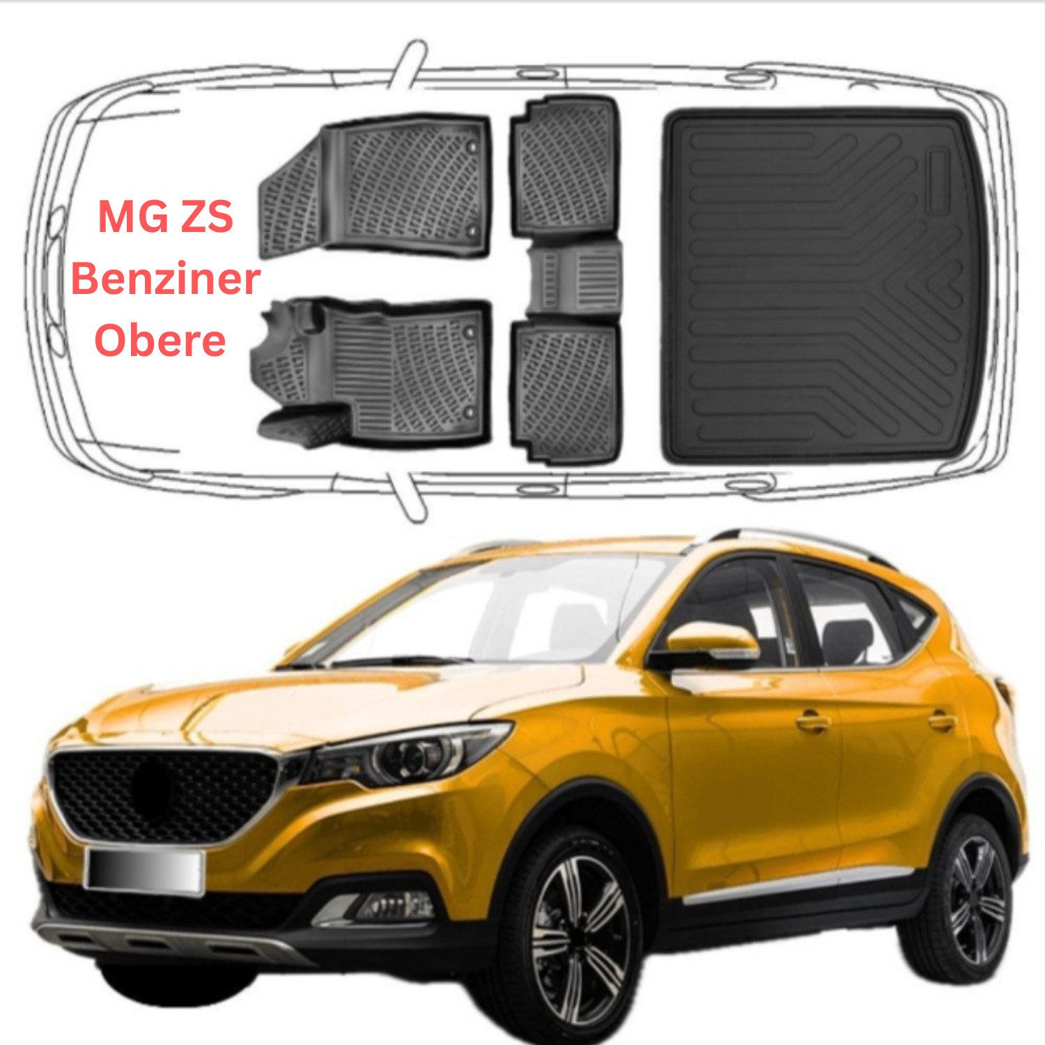 Trimak Passform-Fußmatten Oder Kofferraumwanne Oder Set kompatibel mit MG ZS, MG ZS 1.Gen Benzin Motor 2017-2024 Gummi & Obere Kofferraummatte TPE