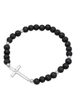 Kuzzoi Bead-Armband-Set Lava Perlen Schwarz Kreuz 925 Silber, Kreuz