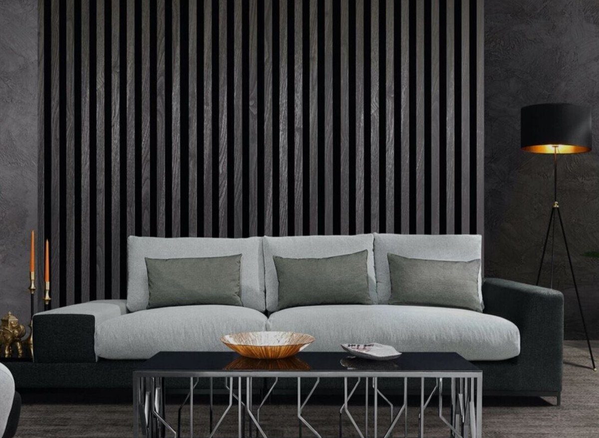 Casa Padrino Sofa Luxus Wohnzimmer Sofa mit dekorativen Kissen Hellgrau / Schwarz 337 x 100 x H. 57 cm - Luxus Wohnzimmer Möbel | Alle Sofas