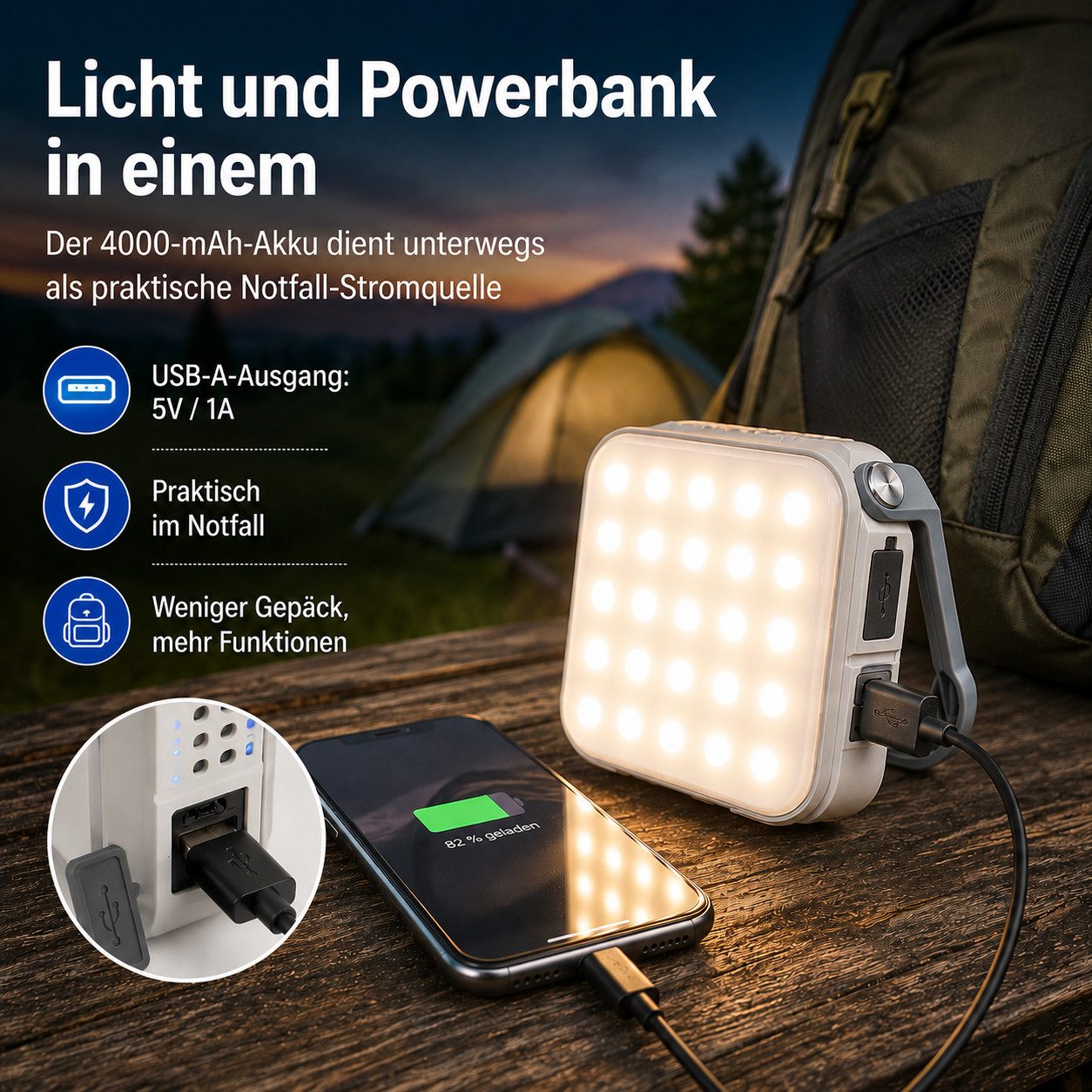 Lisabonde LED Laterne LED Solar Campinglampe & Powerbank 4000mAh, 800 Lumen, Dimmbar IPX4, LED fest integriert, Neutralweiß, Kaltweiß, Warmweiß, Tageslichtweiß, – Bild 5 von 5