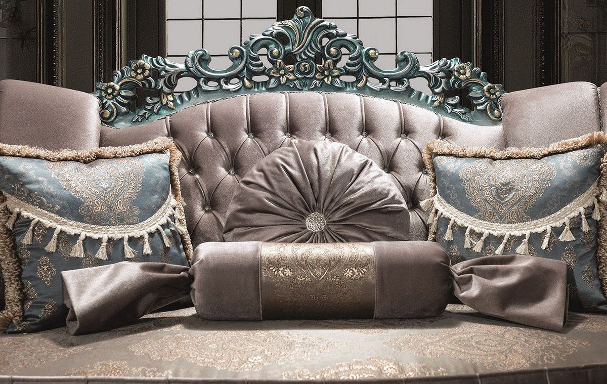 Grau H. 95 x Sofa Barock 225 cm Samt Sofa Wohnzimmer Padrino Gold Prunkvolles und dekorativen x / Sofa Glitzersteinen Luxus Casa / Grün - mit Kissen 115