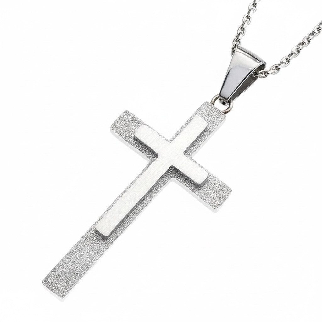 Kette mit Anhänger Edelstahl Kreuz Anhänger Silber Look und Edelstahl Kette